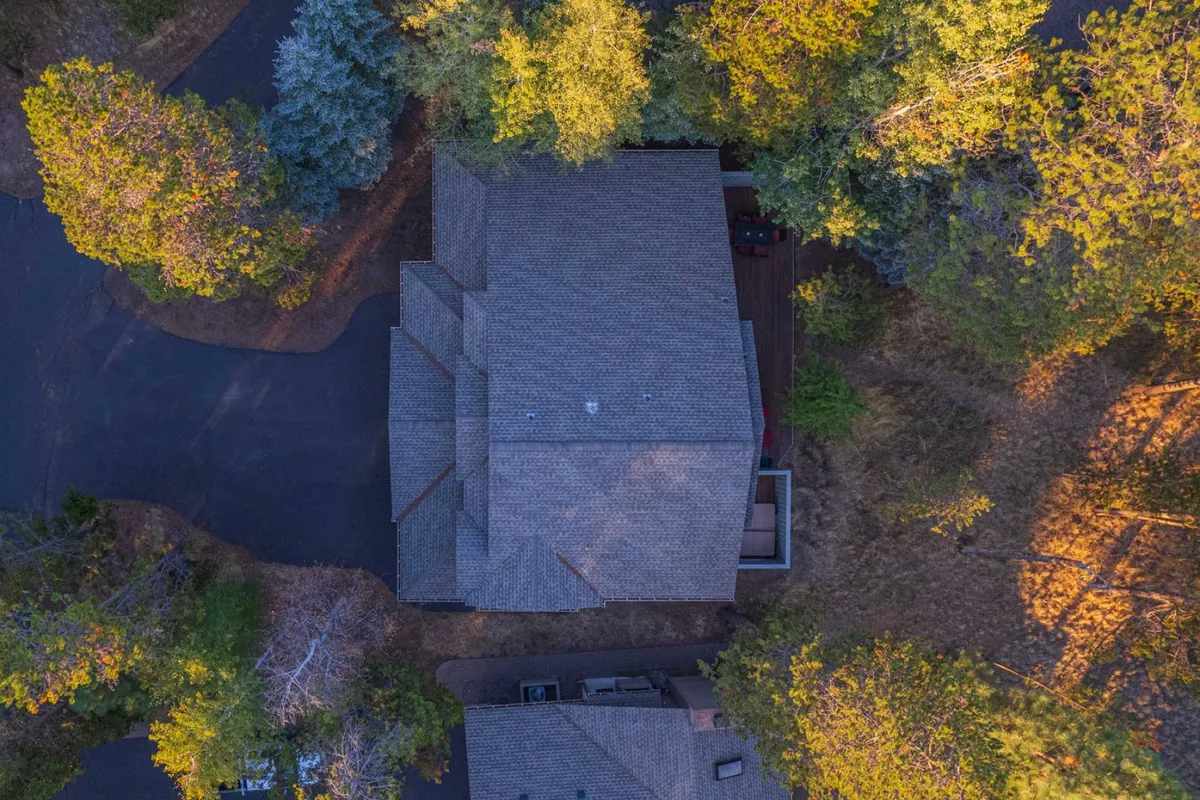 This exterior shot captures the roof of the home nestled among tall trees, with a spacious driveway leading up to the property. The surrounding greenery hints at privacy and a tranquil, nature-filled setting, ideal for gatherings and relaxation.