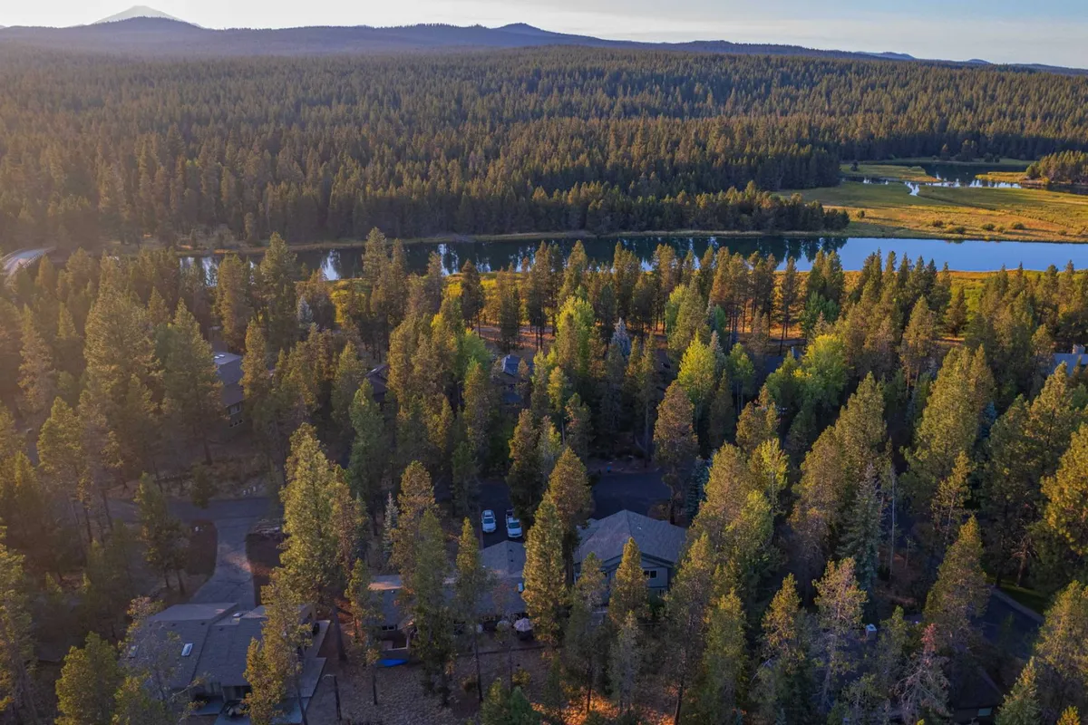 A sweeping view of an expansive forest with a calm river winding through the landscape. Distant mountains rise beyond, and a few homes are nestled among the trees, emphasizing the natural beauty and outdoor opportunities in the area.